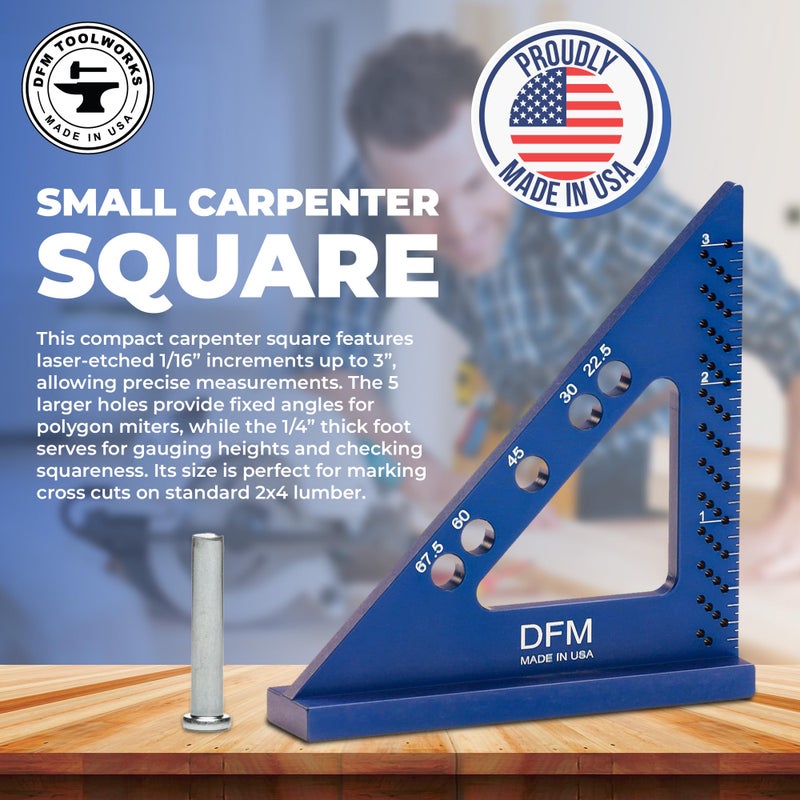 DFM Tool Works DFM Small Carpenters Work Tools w/Fixed Miter Angle Pin - Precision Woodworking - 3.5" x 3.75" Size for Pocket 1/16" Scribe Holes 5 x 1/4" Pin Holes - Made in USA - English Blue - Image 2
